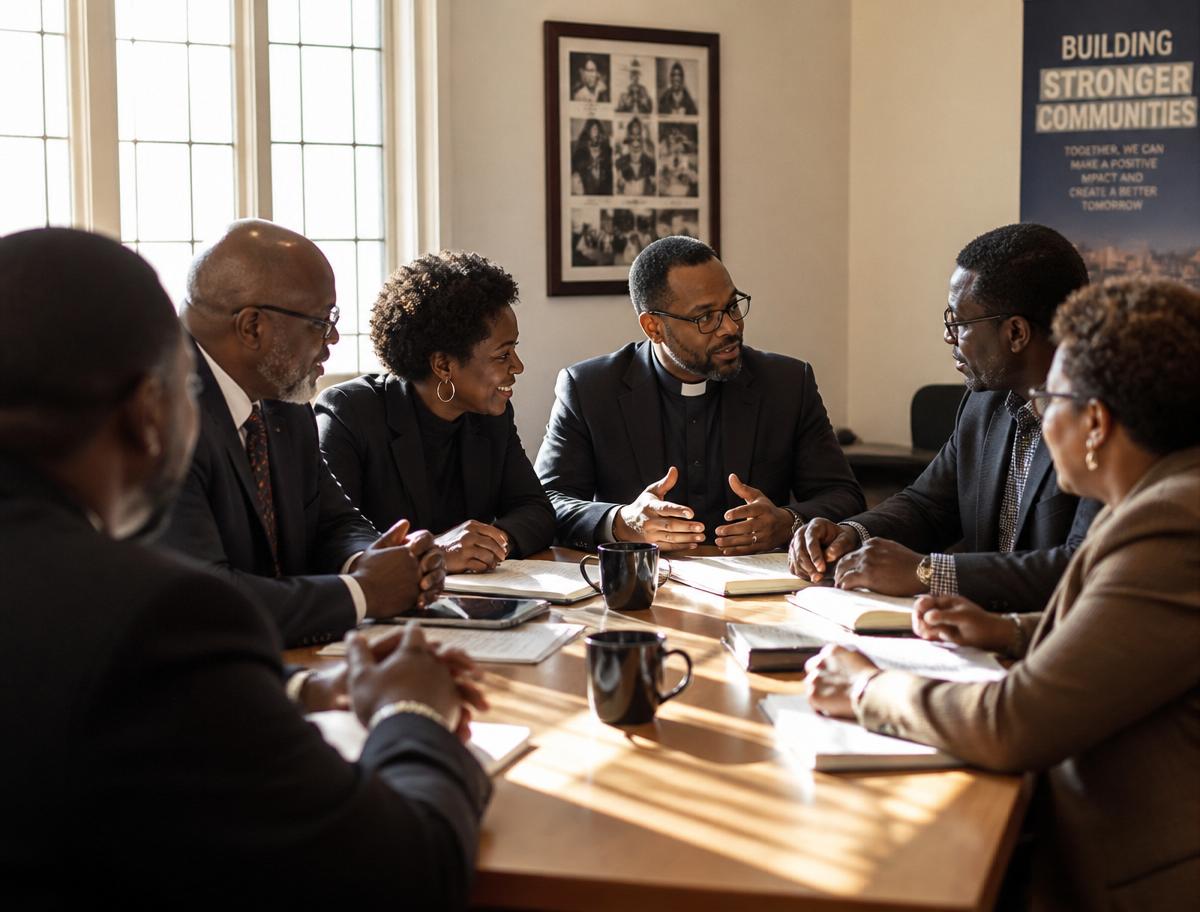 A diverse group of professionals gathered in warm conversation around a table.