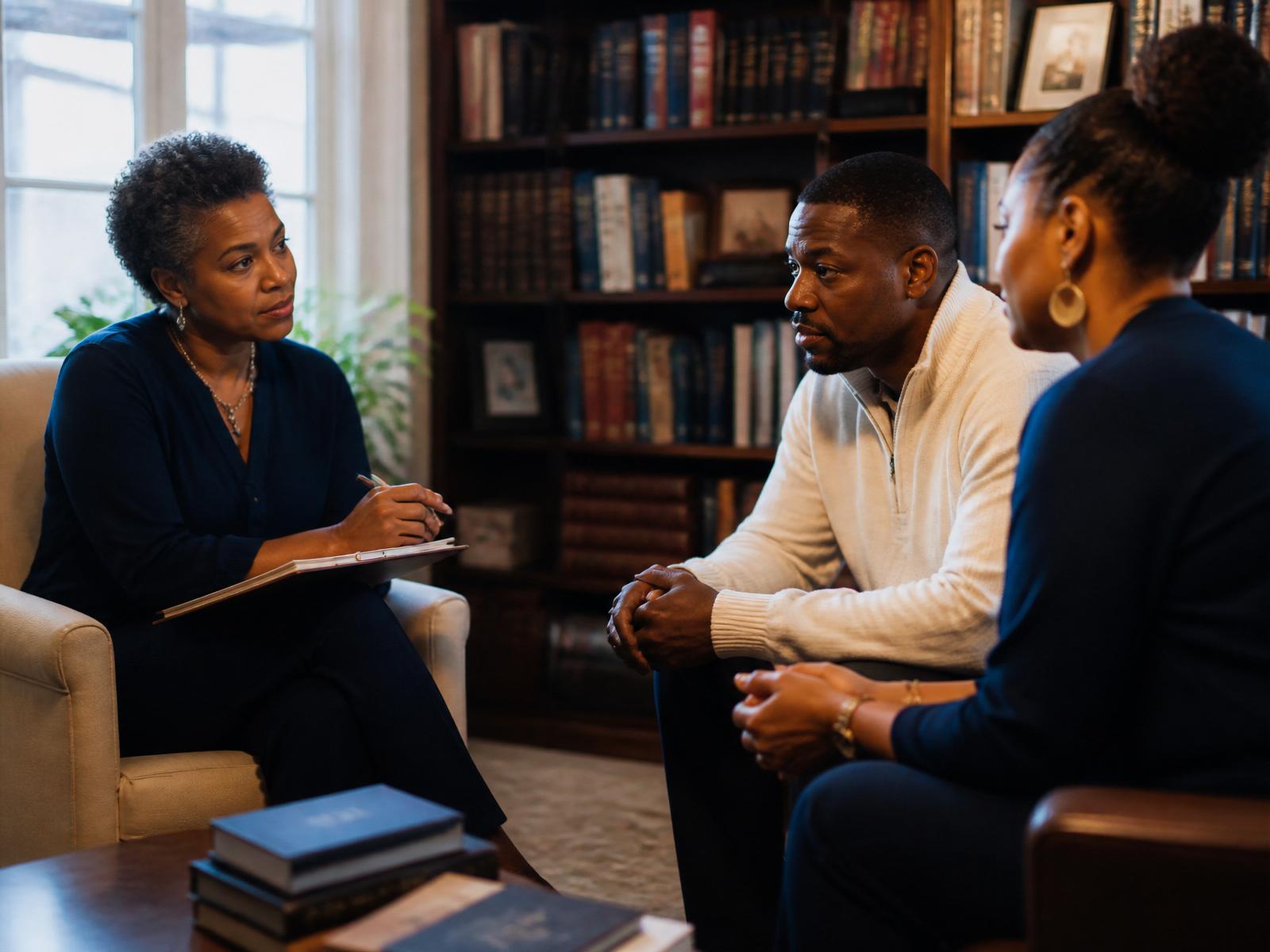 A Holmes-trained counselor sitting with a married couple in a warm, book-lined study during a restoration session.