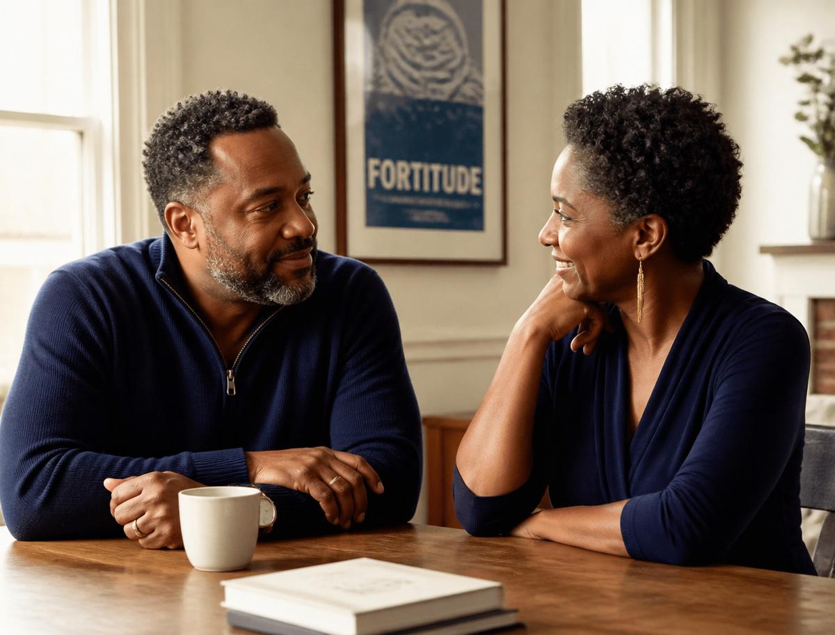 Two professionals in quiet consultation across a wooden table.